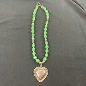 925 Mexico Sterling Silver Heart Pendant Green Glass Beaded Necklace